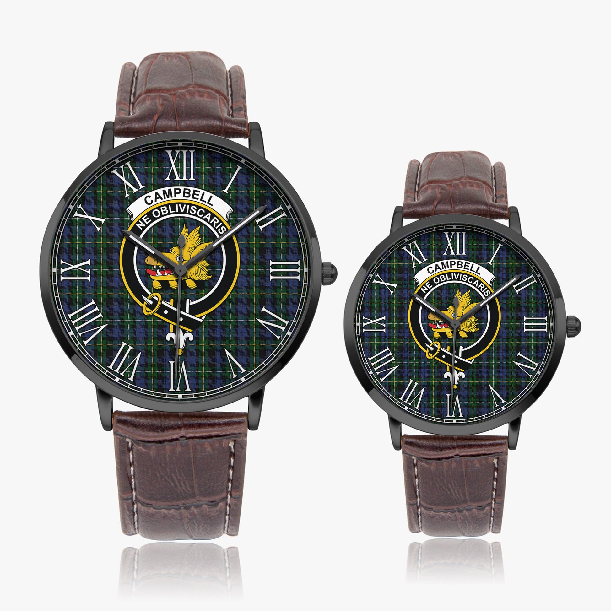 Campbell of Argyll #01 Tartan Family Crest Leather Strap Quartz Watch Ultra Thin Black Case With Brown Leather Strap - Tartanvibesclothing