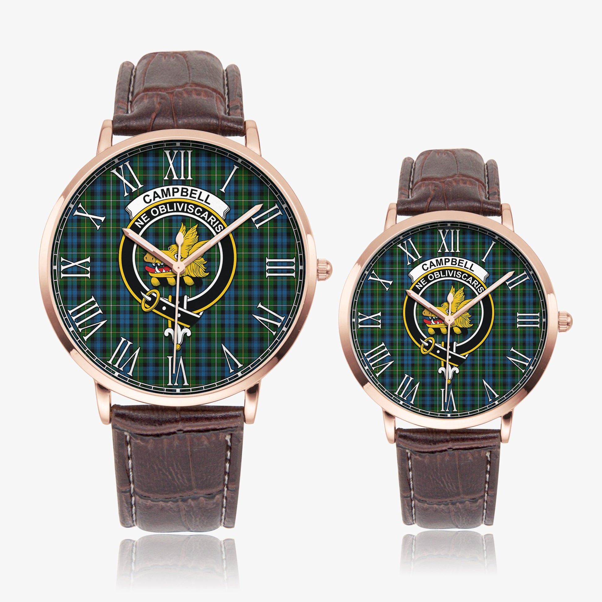 Campbell of Argyll #02 Tartan Family Crest Leather Strap Quartz Watch Ultra Thin Rose Gold Case With Brown Leather Strap - Tartanvibesclothing