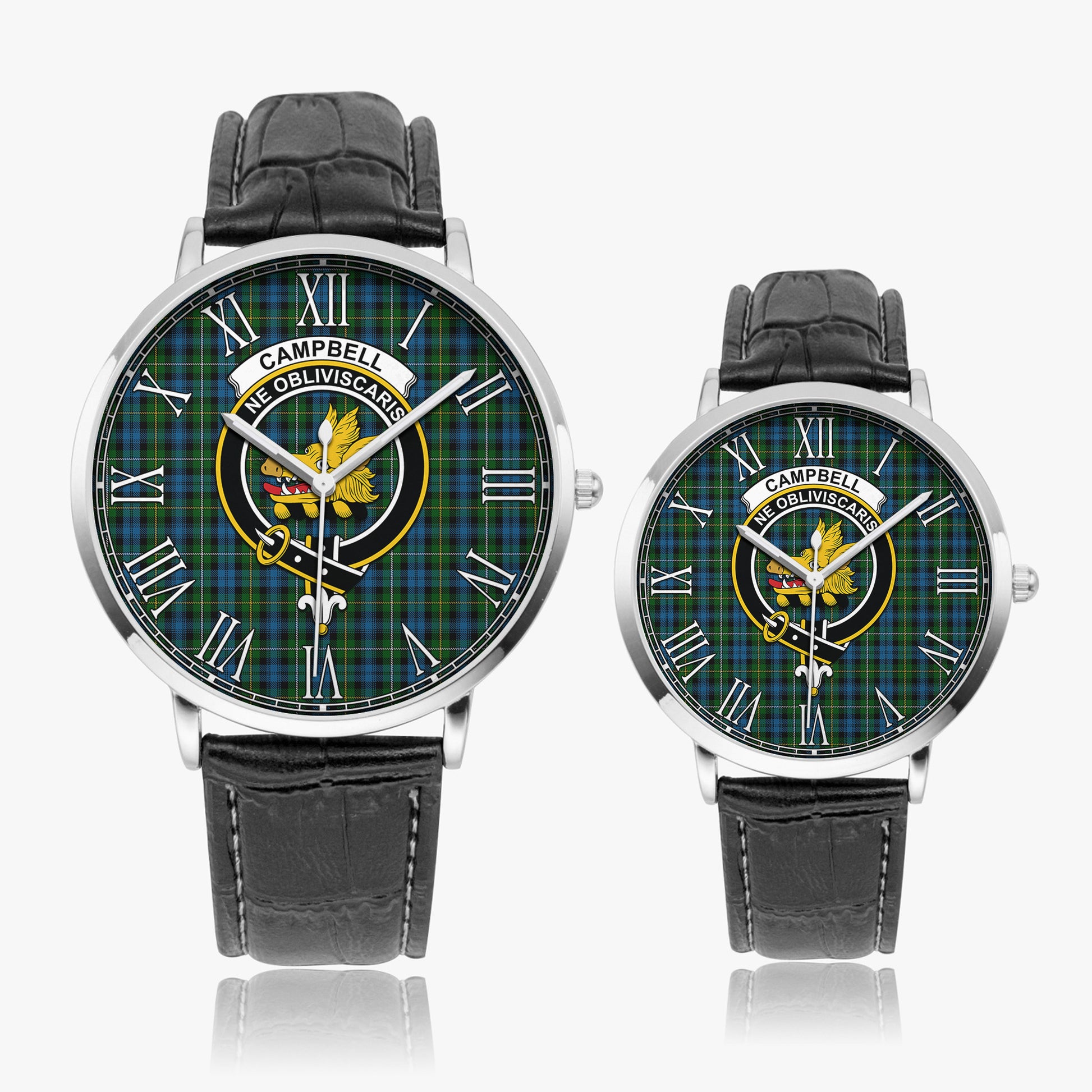 Campbell of Argyll #02 Tartan Family Crest Leather Strap Quartz Watch Ultra Thin Silver Case With Black Leather Strap - Tartanvibesclothing