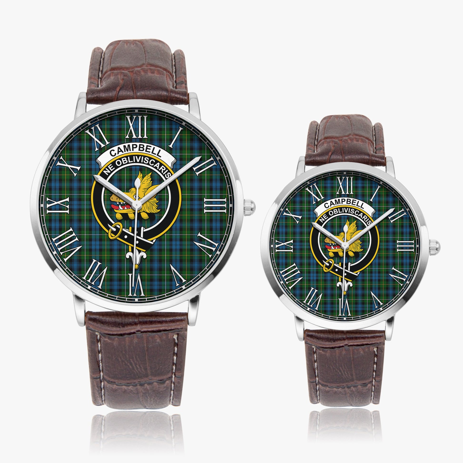 Campbell of Argyll #02 Tartan Family Crest Leather Strap Quartz Watch Ultra Thin Silver Case With Brown Leather Strap - Tartanvibesclothing