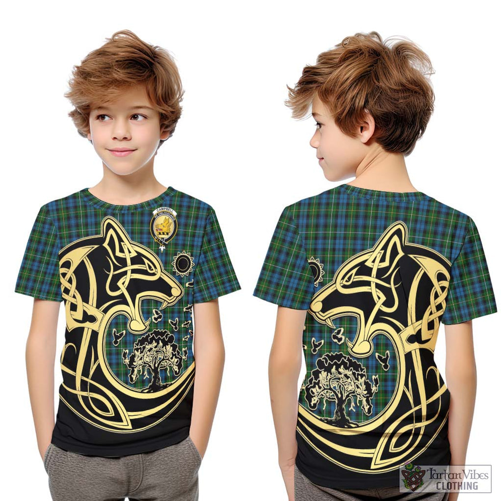 Campbell of Argyll 02 Tartan Kid T-Shirt with Family Crest Celtic Wolf Style Youth XL Size14 - Tartan Vibes Clothing