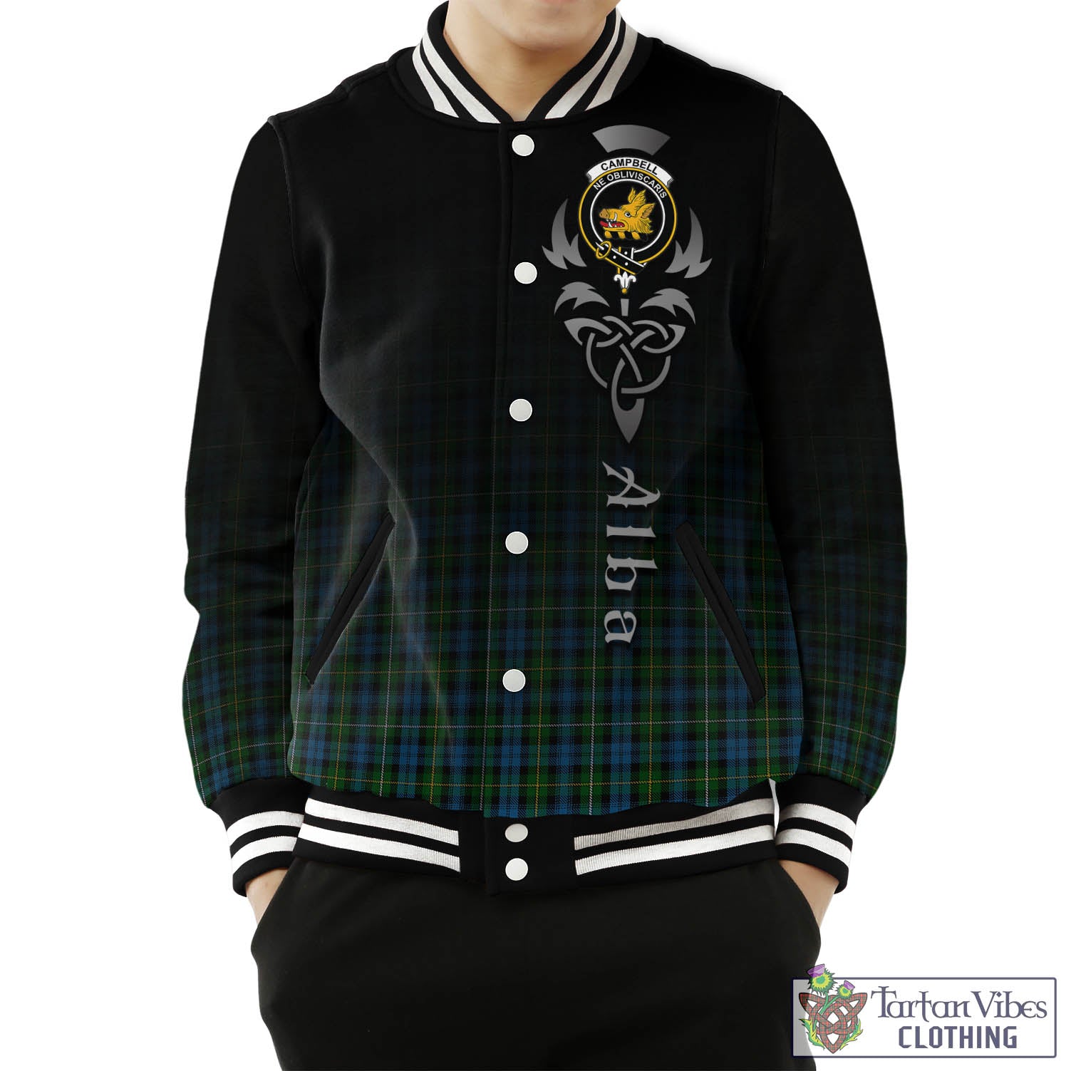 Tartan Vibes Clothing Campbell of Argyll #02 Tartan Baseball Jacket Featuring Alba Gu Brath Family Crest Celtic Inspired