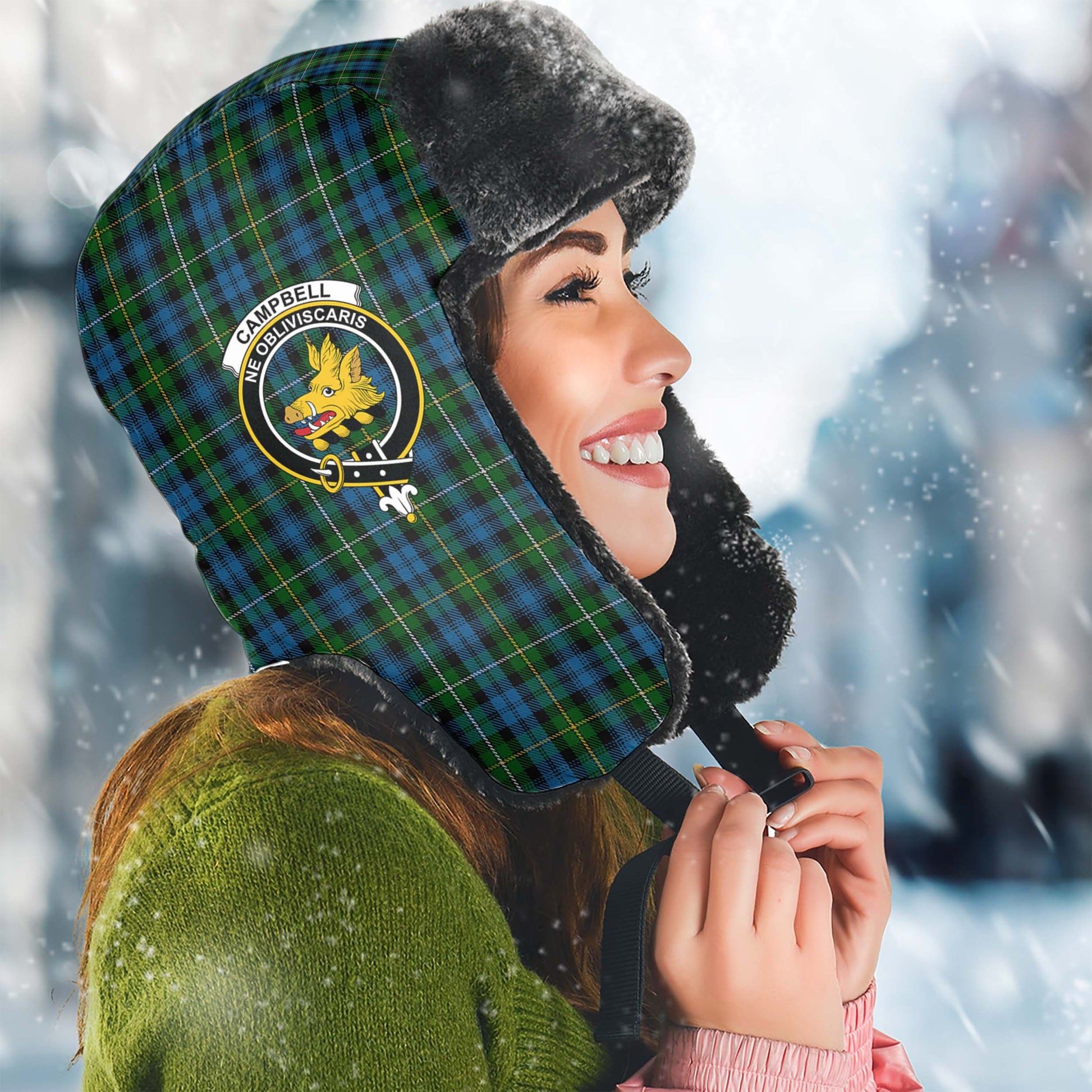 Campbell of Argyll #02 Tartan Winter Trapper Hat with Family Crest Winter Trapper Hat Universal Fit Circumference 22.8in (58cm) - Tartanvibesclothing Shop