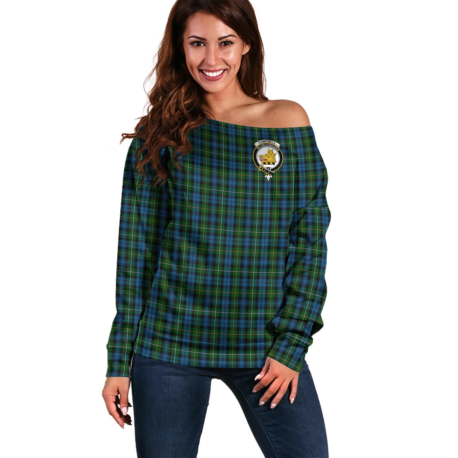 Campbell of Argyll #02 Tartan Off Shoulder Women Sweater with Family Crest Women - Tartanvibesclothing Shop