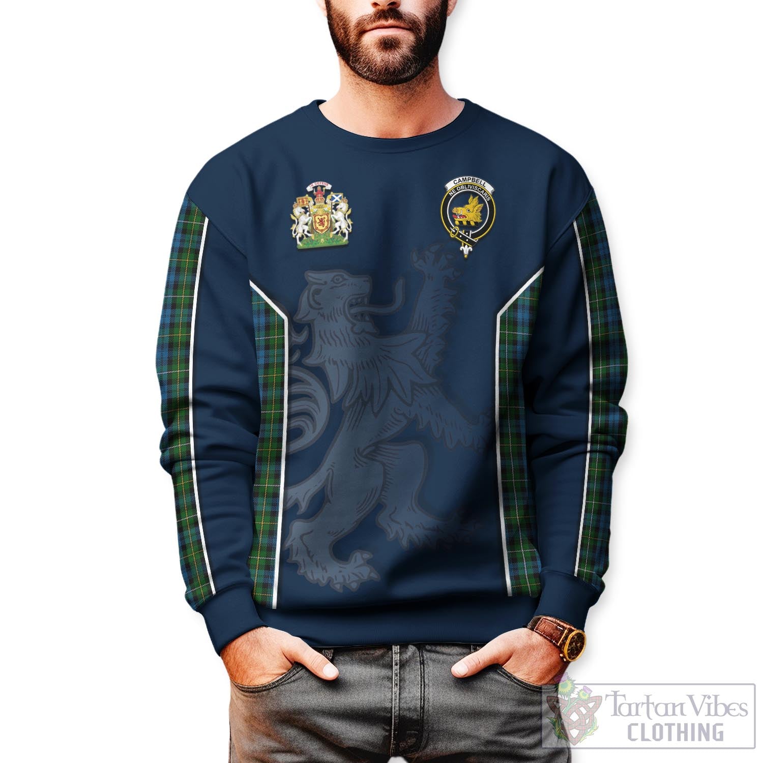 Tartan Vibes Clothing Campbell of Argyll #02 Tartan Sweater with Family Crest and Lion Rampant Vibes Sport Style