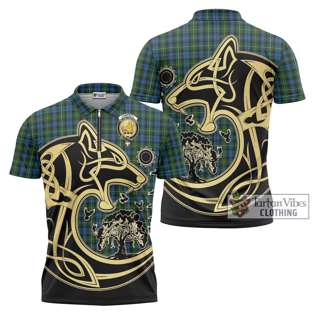 Campbell of Argyll 02 Tartan Zipper Polo Shirt with Family Crest Celtic Wolf Style Unisex - Tartanvibesclothing Shop