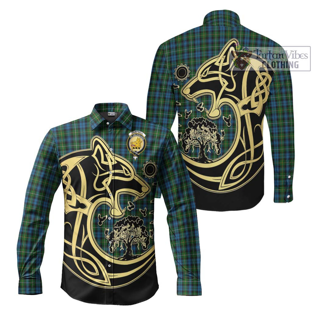 Campbell of Argyll 02 Tartan Long Sleeve Button Shirt with Family Crest Celtic Wolf Style Men's Shirt S - Tartan Vibes Clothing