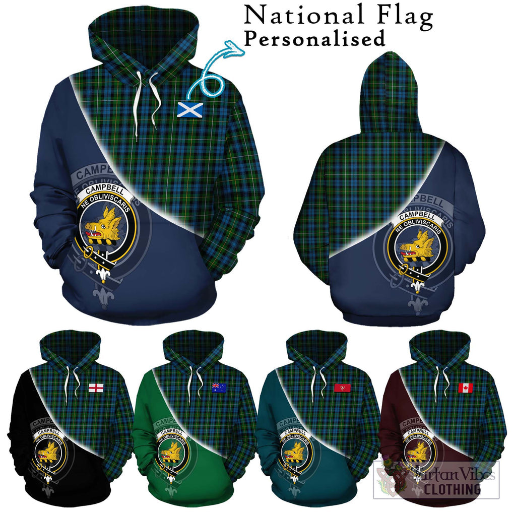 Campbell of Argyll 02 Tartan Hoodie with Personalised National Flag and Family Crest Half Style Zip Hoodie - Tartanvibesclothing Shop