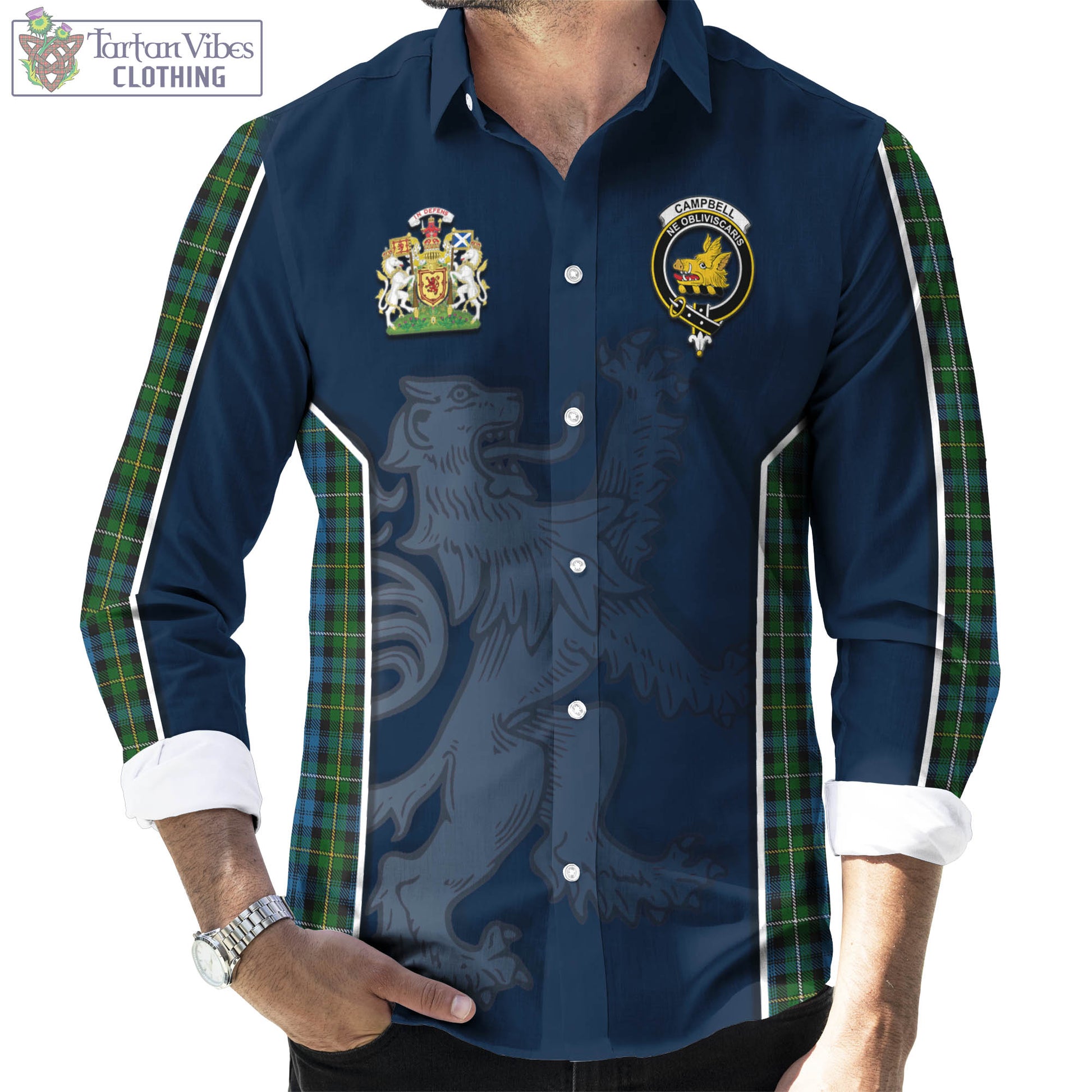 Tartan Vibes Clothing Campbell of Argyll #02 Tartan Long Sleeve Button Up Shirt with Family Crest and Lion Rampant Vibes Sport Style