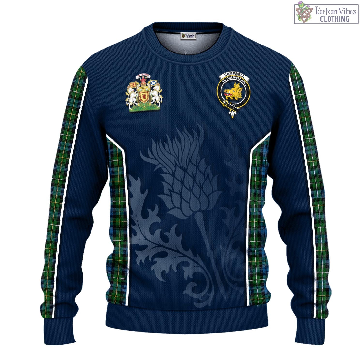 Tartan Vibes Clothing Campbell of Argyll #02 Tartan Knitted Sweatshirt with Family Crest and Scottish Thistle Vibes Sport Style