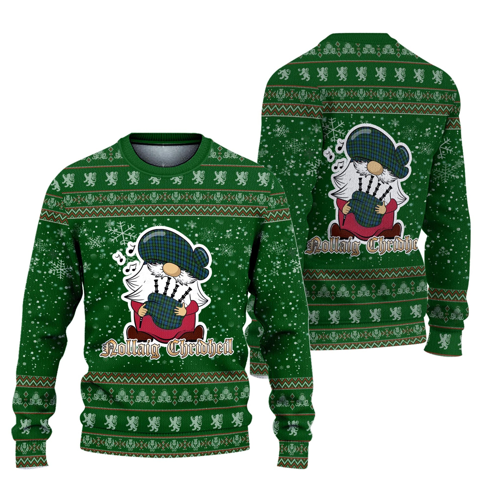 Campbell of Argyll #02 Clan Christmas Family Knitted Sweater with Funny Gnome Playing Bagpipes Unisex Green - Tartanvibesclothing Shop