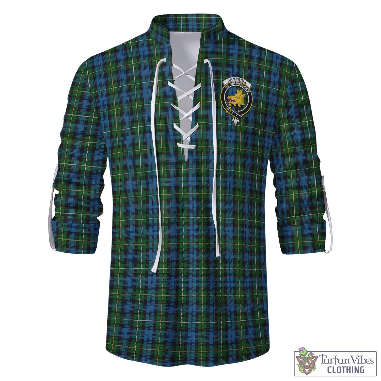 Tartan Vibes Clothing Campbell of Argyll #02 Tartan Men's Scottish Traditional Jacobite Ghillie Kilt Shirt with Family Crest