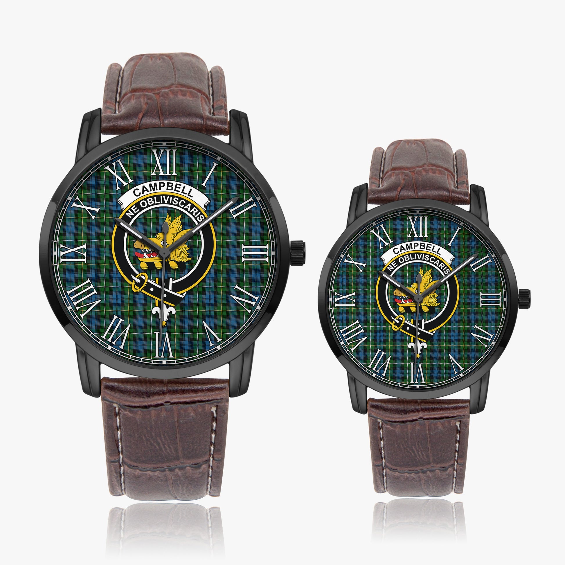 Campbell of Argyll #02 Tartan Family Crest Leather Strap Quartz Watch Wide Type Black Case With Brown Leather Strap - Tartanvibesclothing