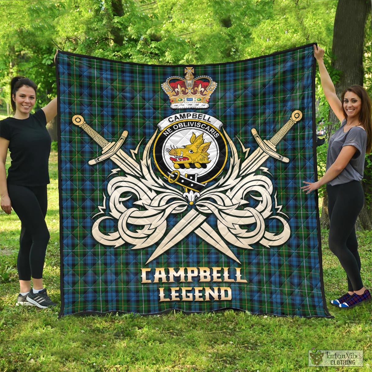 Tartan Vibes Clothing Campbell of Argyll #02 Tartan Quilt with Clan Crest and the Golden Sword of Courageous Legacy