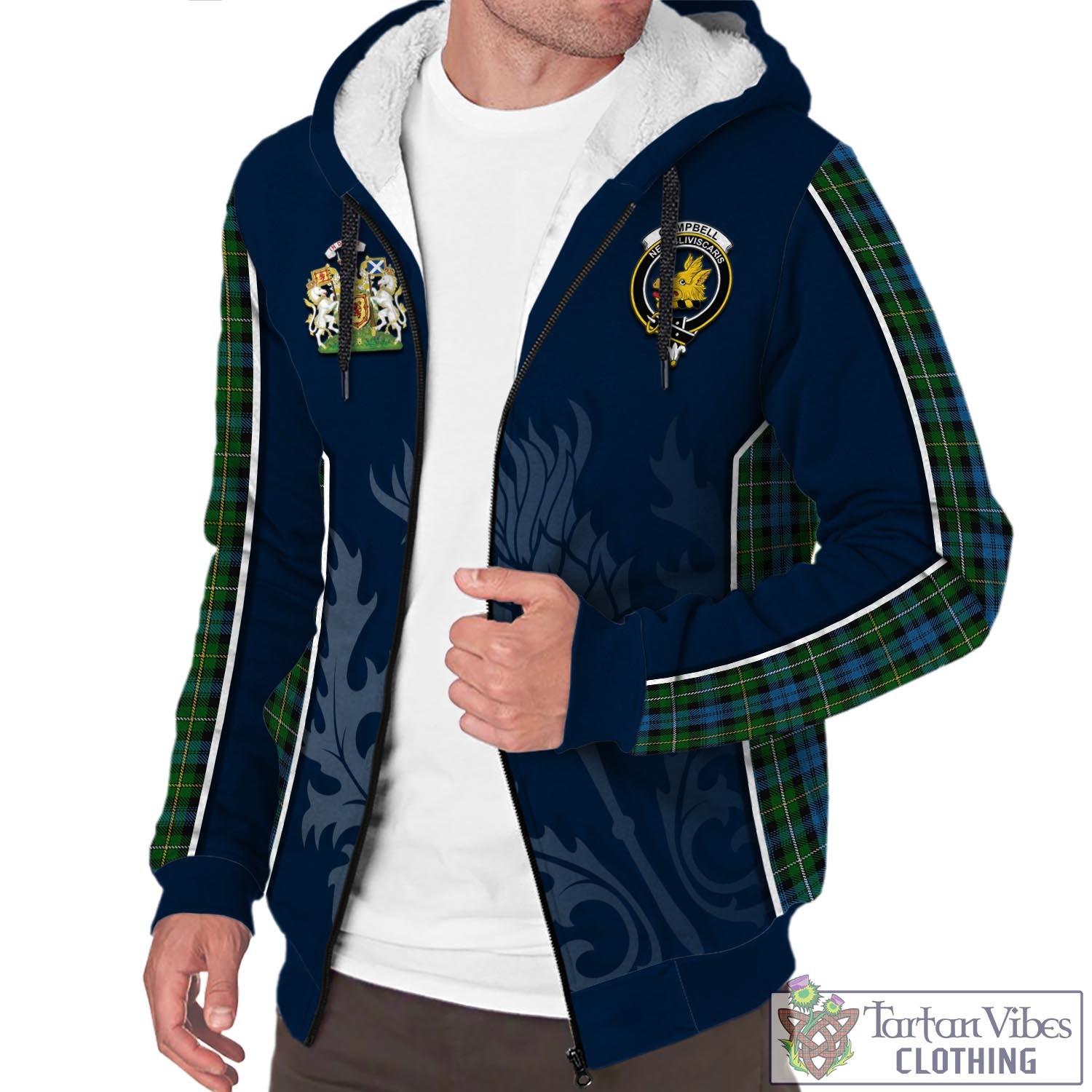 Tartan Vibes Clothing Campbell of Argyll #02 Tartan Sherpa Hoodie with Family Crest and Scottish Thistle Vibes Sport Style