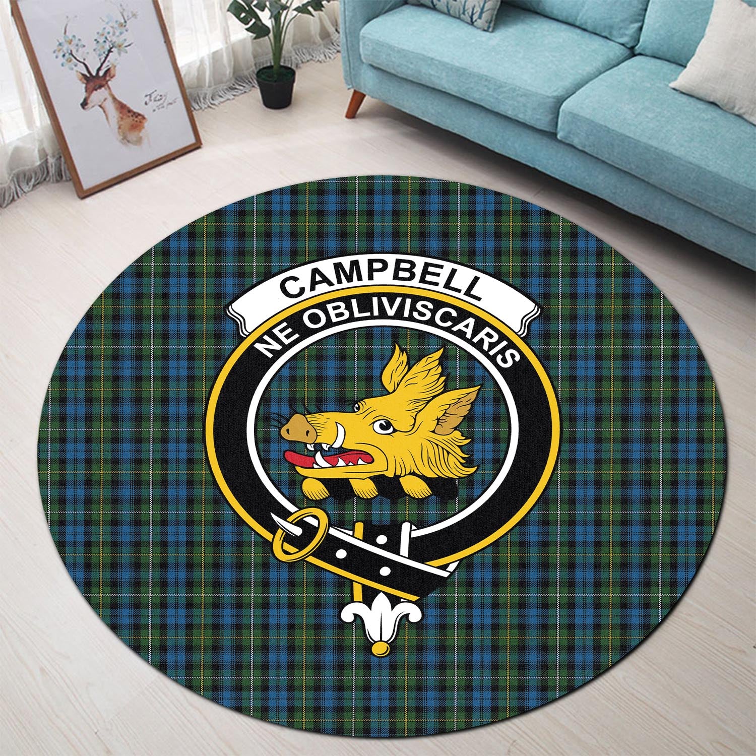 Campbell of Argyll #02 Tartan Round Rug with Family Crest - Tartanvibesclothing Shop