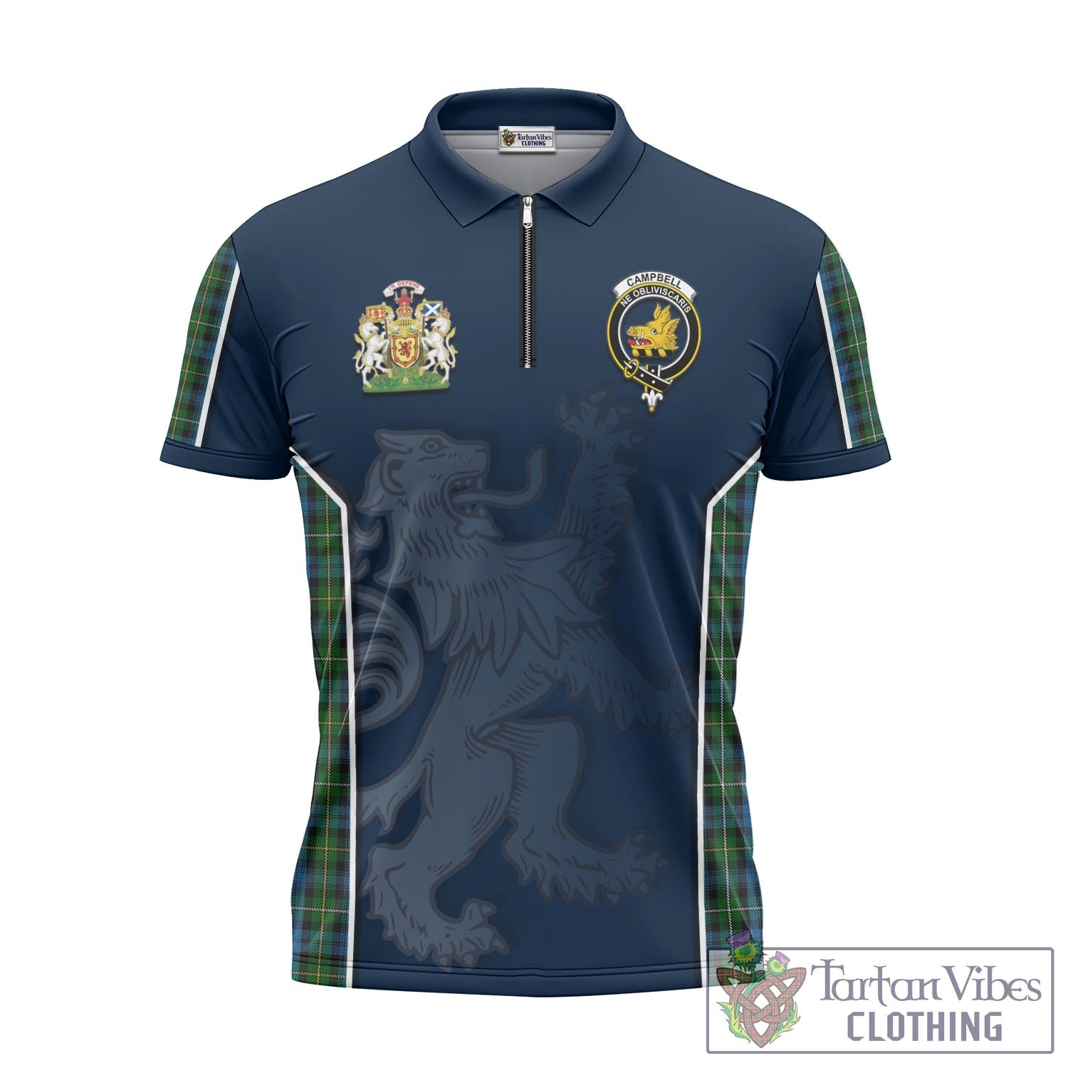 Tartan Vibes Clothing Campbell of Argyll #02 Tartan Zipper Polo Shirt with Family Crest and Lion Rampant Vibes Sport Style