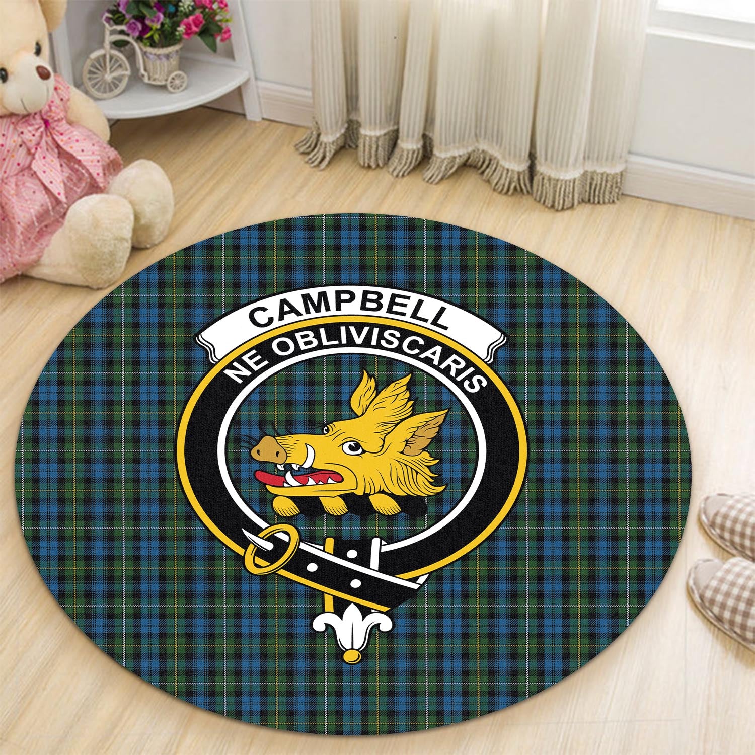 Campbell of Argyll #02 Tartan Round Rug with Family Crest - Tartanvibesclothing Shop