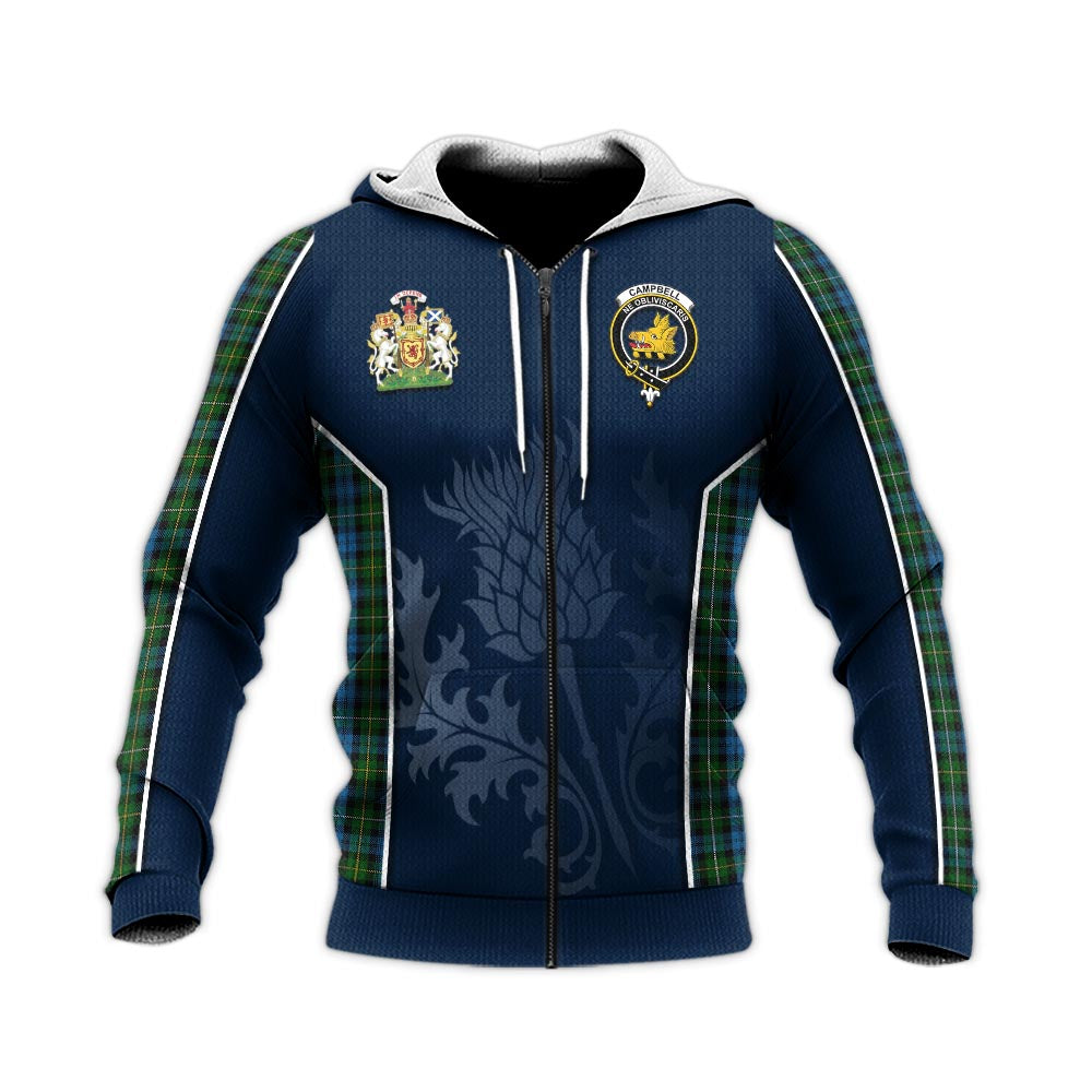 Tartan Vibes Clothing Campbell of Argyll #02 Tartan Knitted Hoodie with Family Crest and Scottish Thistle Vibes Sport Style