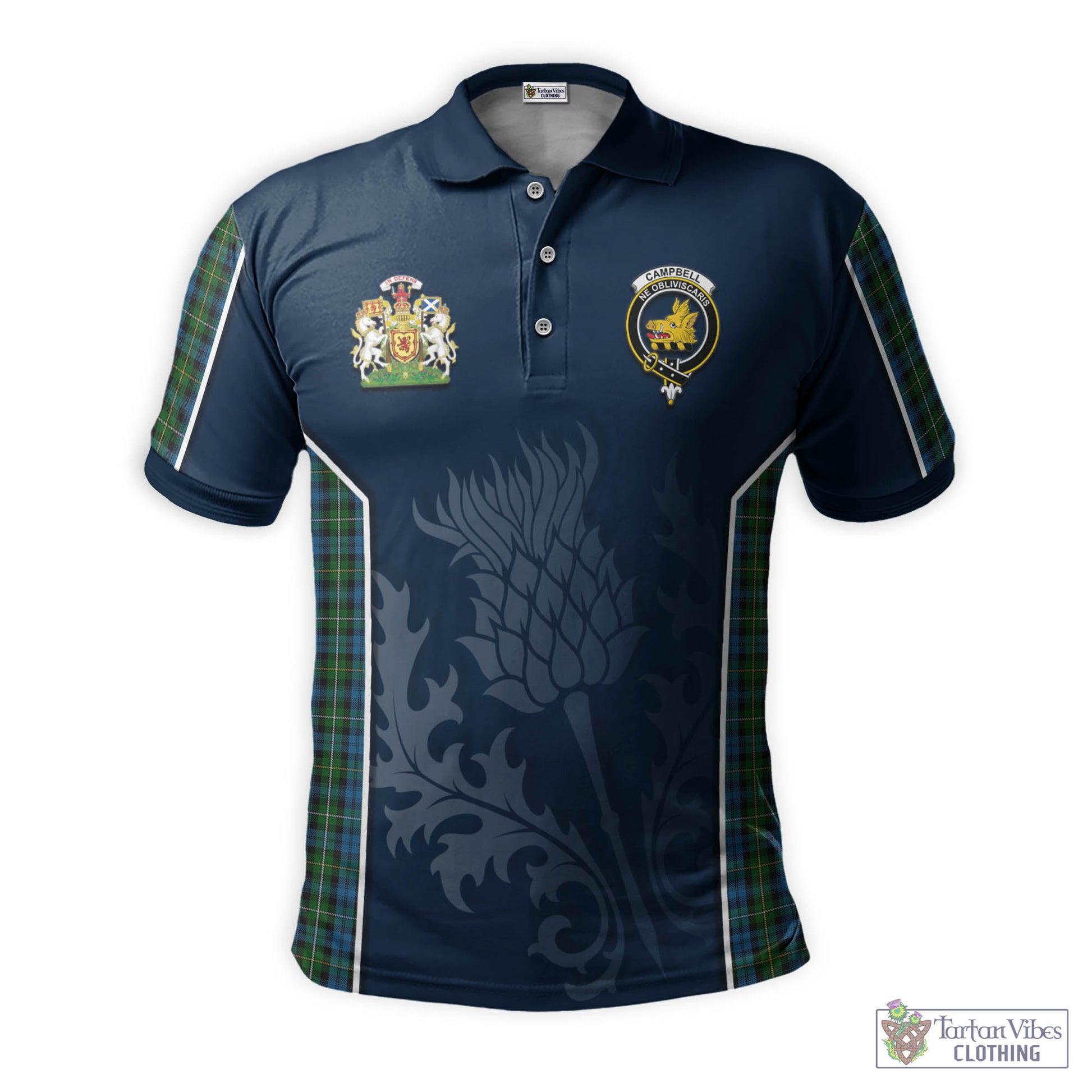 Tartan Vibes Clothing Campbell of Argyll #02 Tartan Men's Polo Shirt with Family Crest and Scottish Thistle Vibes Sport Style