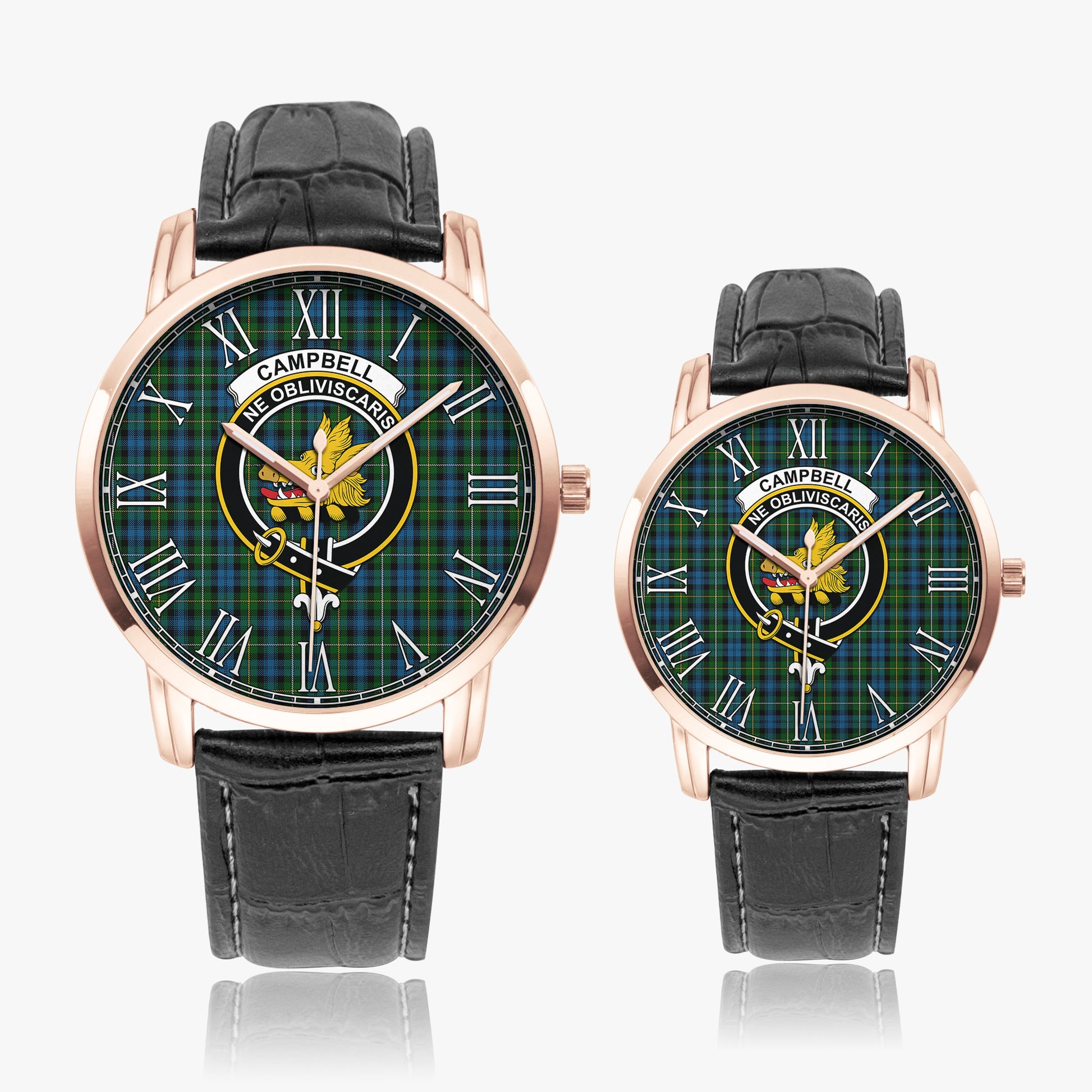 Campbell of Argyll #02 Tartan Family Crest Leather Strap Quartz Watch Wide Type Rose Gold Case With Black Leather Strap - Tartanvibesclothing