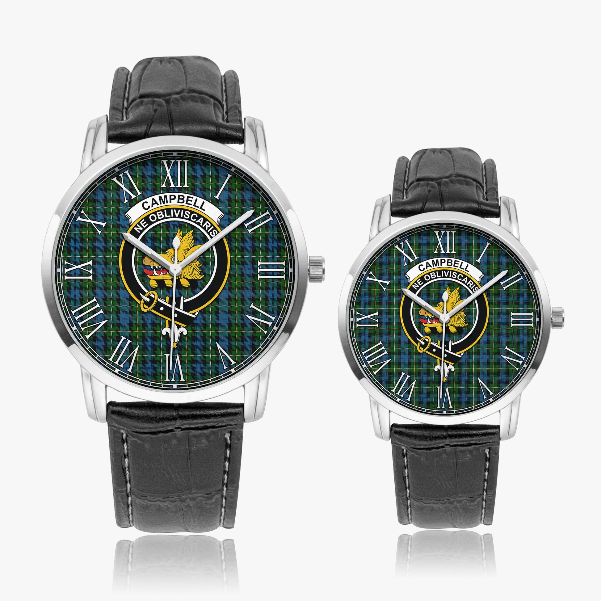 Campbell of Argyll #02 Tartan Family Crest Leather Strap Quartz Watch Wide Type Silver Case With Black Leather Strap - Tartanvibesclothing