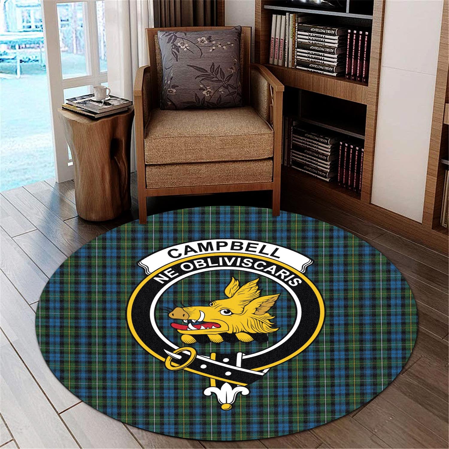 Campbell of Argyll #02 Tartan Round Rug with Family Crest - Tartanvibesclothing Shop