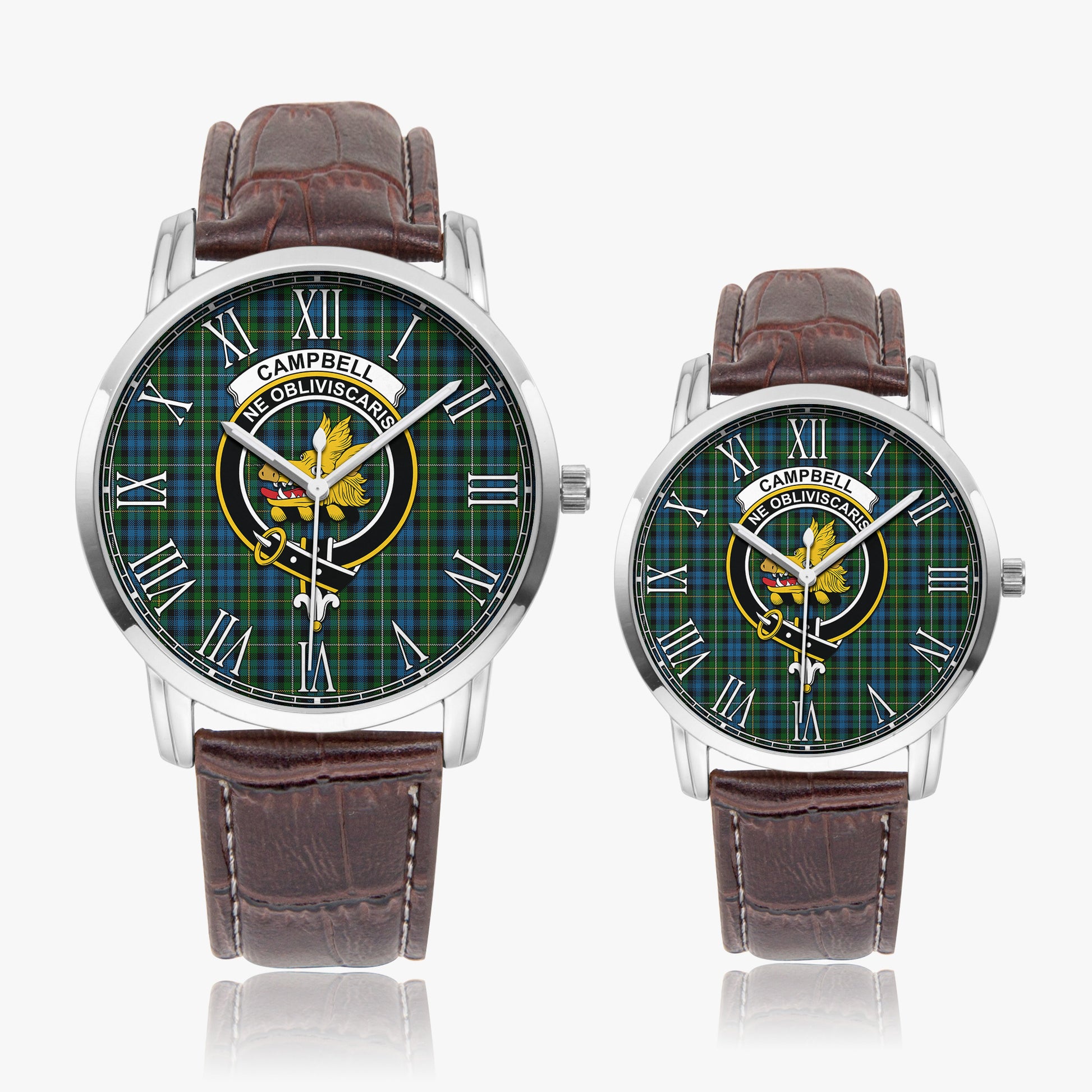 Campbell of Argyll #02 Tartan Family Crest Leather Strap Quartz Watch Wide Type Silver Case With Brown Leather Strap - Tartanvibesclothing