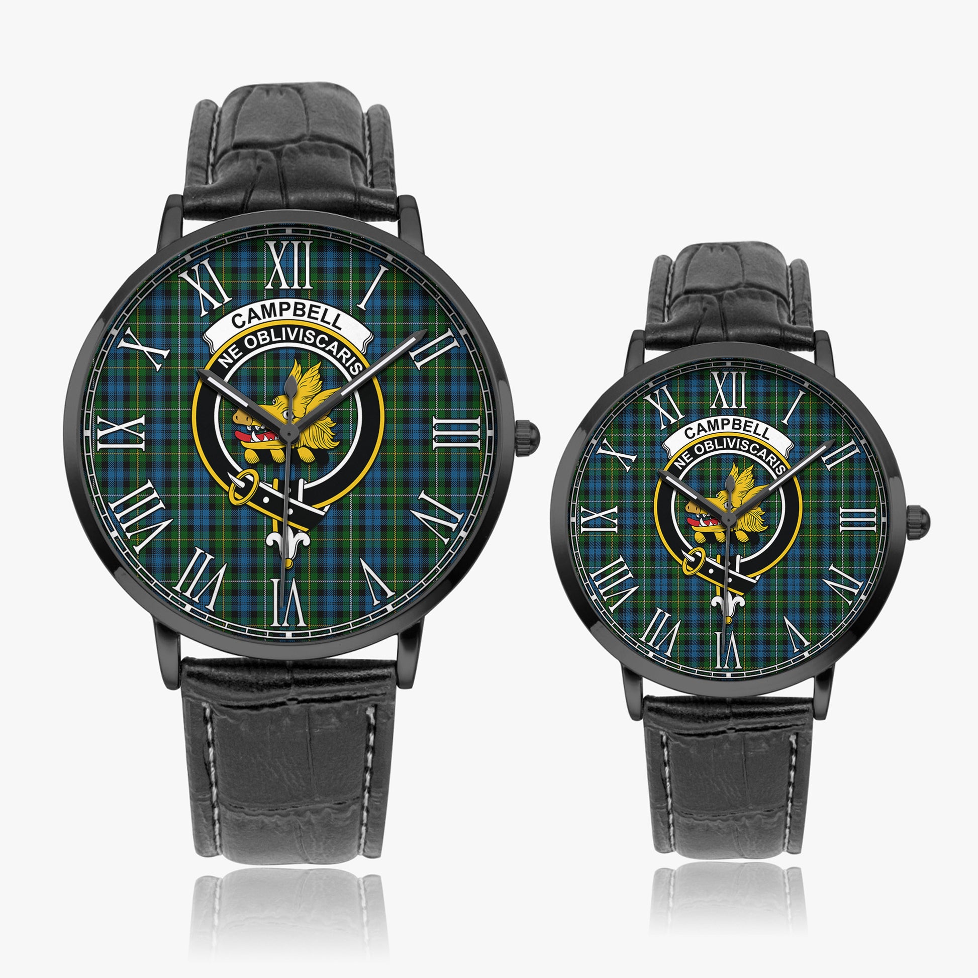 Campbell of Argyll #02 Tartan Family Crest Leather Strap Quartz Watch Ultra Thin Black Case With Black Leather Strap - Tartanvibesclothing