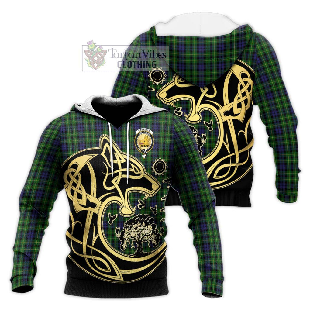 Campbell of Breadalbane Tartan Knitted Hoodie with Family Crest Celtic Wolf Style Unisex Knitted Pullover Hoodie - Tartan Vibes Clothing