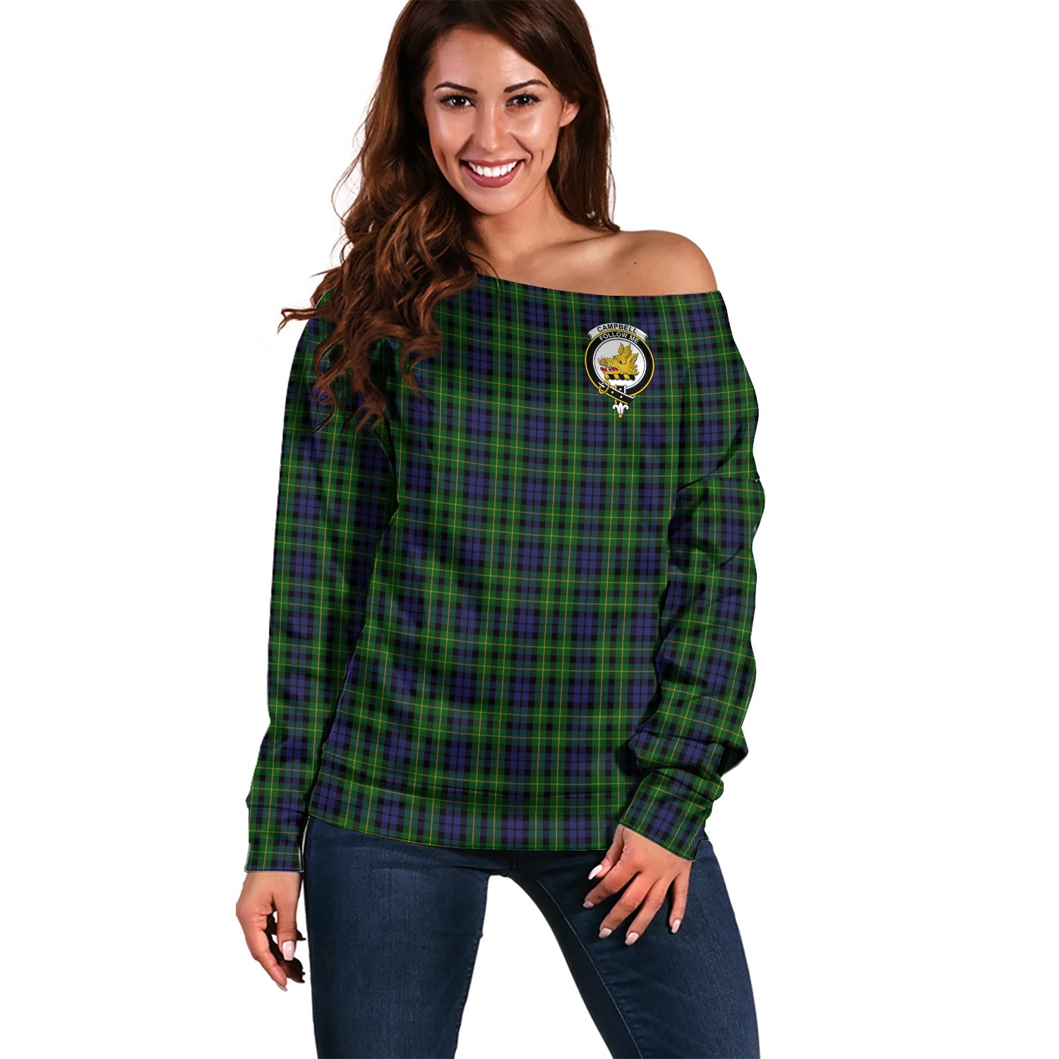 Campbell of Breadalbane Tartan Off Shoulder Women Sweater with Family Crest Women - Tartanvibesclothing