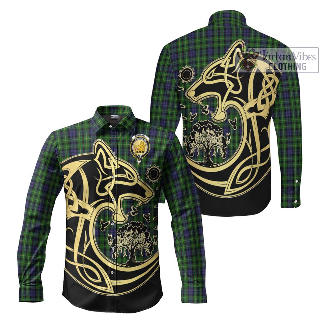 Campbell of Breadalbane Tartan Long Sleeve Button Shirt with Family Crest Celtic Wolf Style Men's Shirt S - Tartan Vibes Clothing