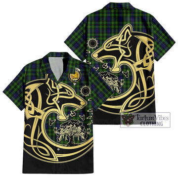 Campbell of Breadalbane Tartan Short Sleeve Button Shirt with Family Crest Celtic Wolf Style