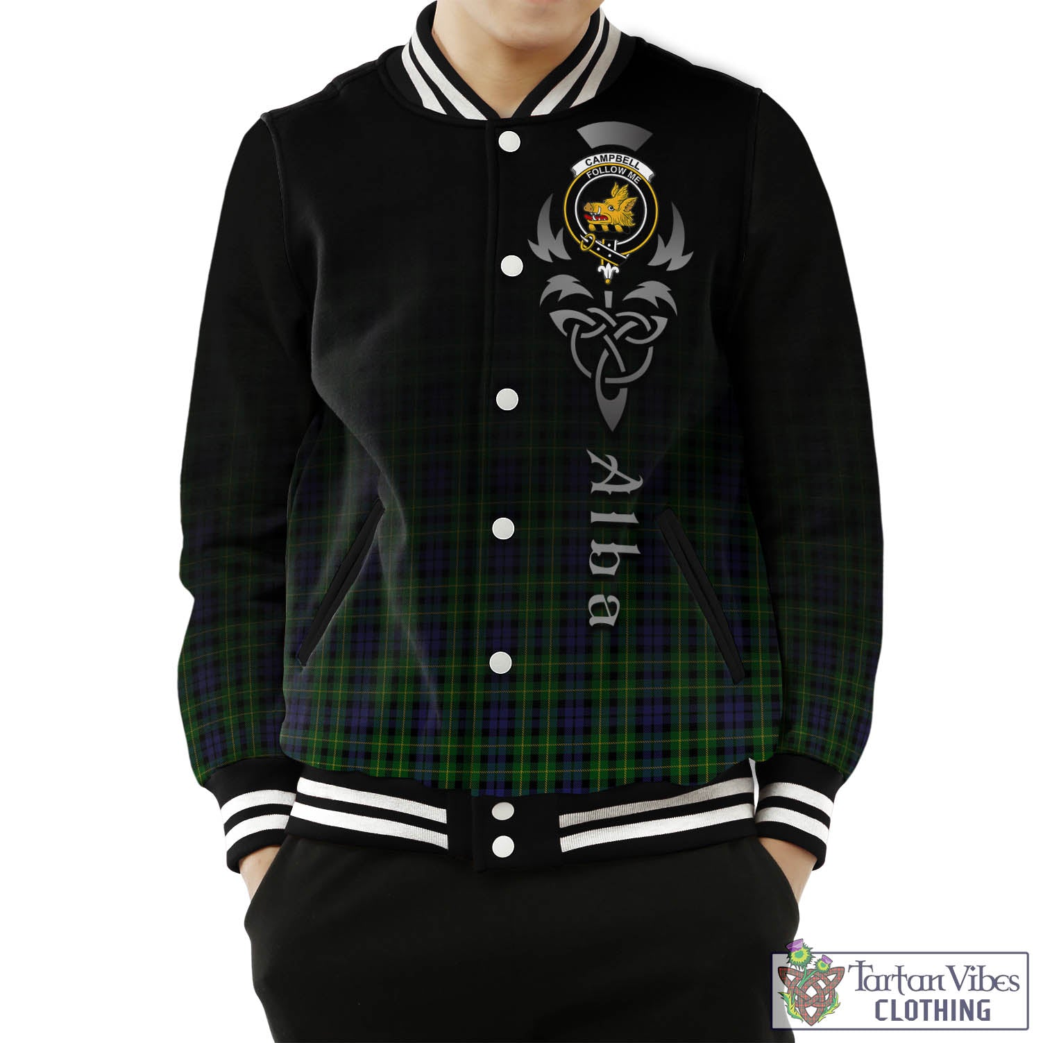 Tartan Vibes Clothing Campbell of Breadalbane Tartan Baseball Jacket Featuring Alba Gu Brath Family Crest Celtic Inspired