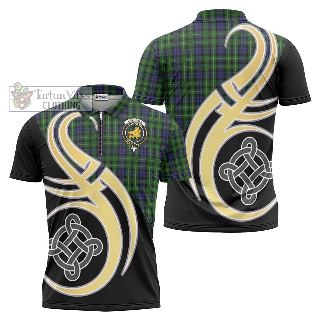 Tartan Vibes Clothing Campbell of Breadalbane Tartan Zipper Polo Shirt with Family Crest and Celtic Symbol Style