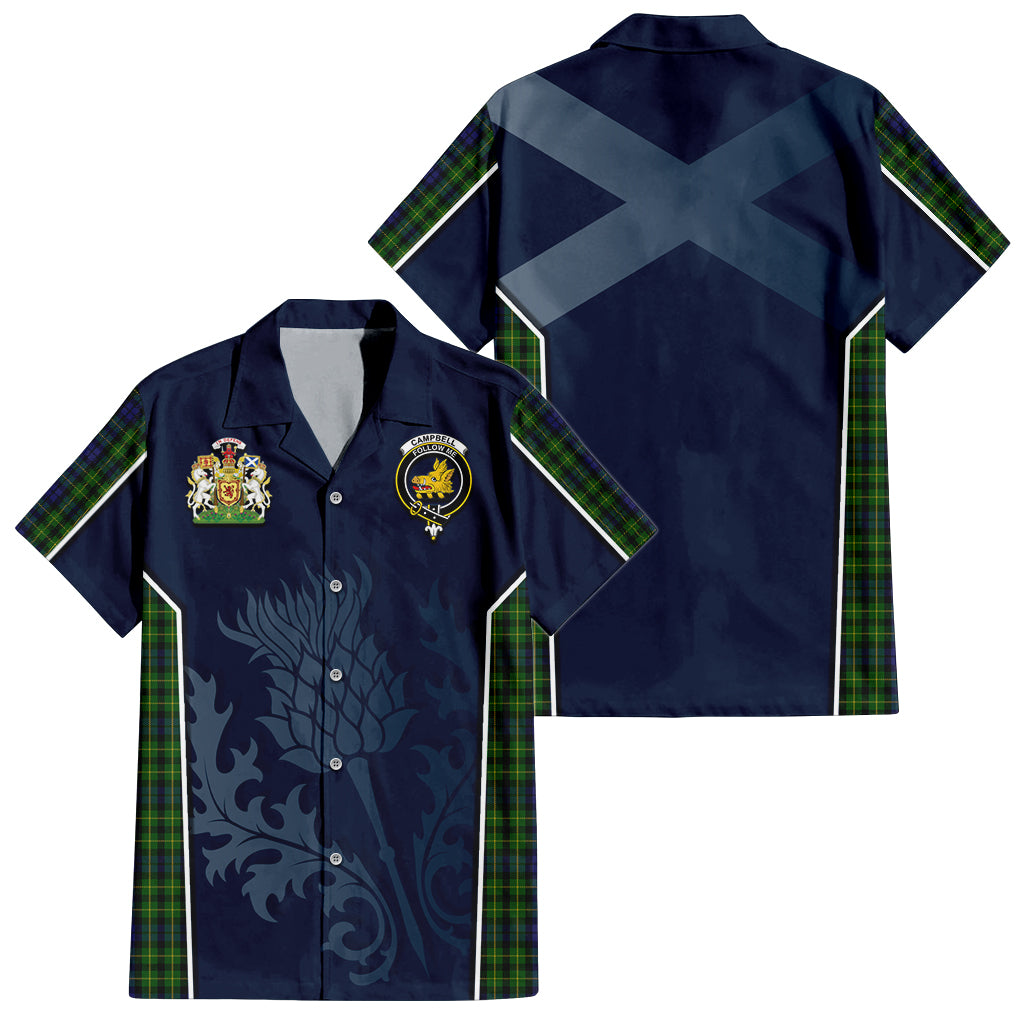 Tartan Vibes Clothing Campbell of Breadalbane Tartan Short Sleeve Button Up Shirt with Family Crest and Scottish Thistle Vibes Sport Style