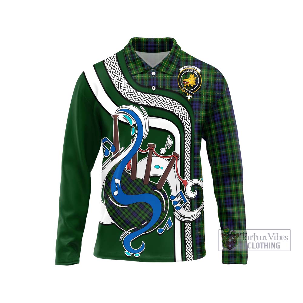 Tartan Vibes Clothing Campbell of Breadalbane Tartan Long Sleeve Polo Shirt with Epic Bagpipe Style