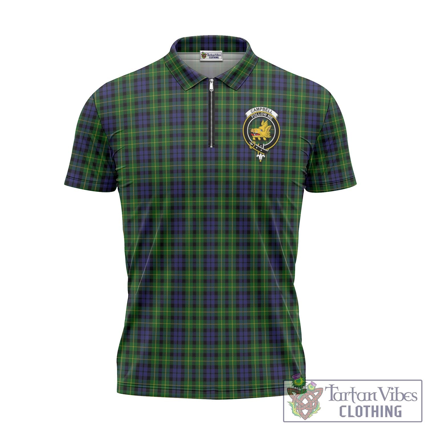 Tartan Vibes Clothing Campbell of Breadalbane Tartan Zipper Polo Shirt with Family Crest