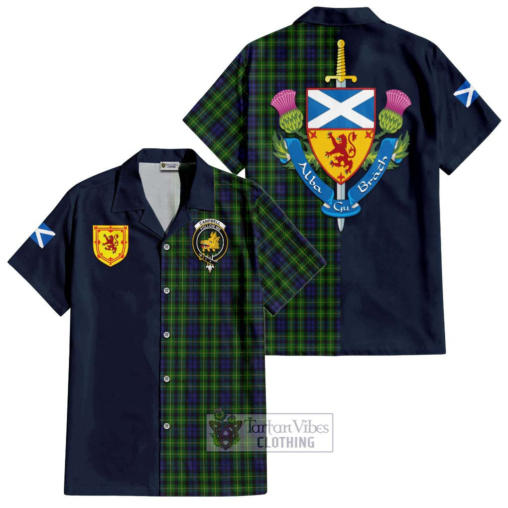 Tartan Vibes Clothing Campbell of Breadalbane Tartan Short Sleeve Button Shirt with Scottish Lion Royal Arm Half Style