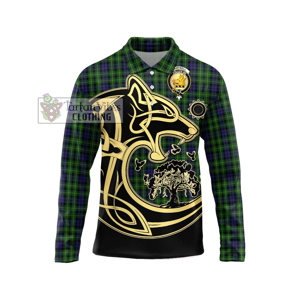 Campbell of Breadalbane Tartan Long Sleeve Polo Shirt with Family Crest Celtic Wolf Style Unisex - Tartanvibesclothing Shop