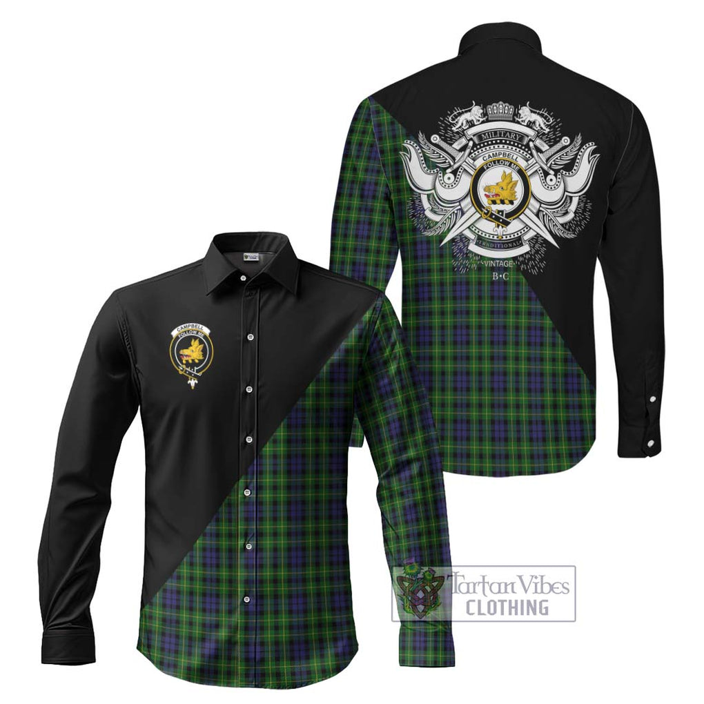 Campbell of Breadalbane Tartan Long Sleeve Button Shirt with Family Crest and Military Logo Style Men's Shirt S - Tartanvibesclothing Shop