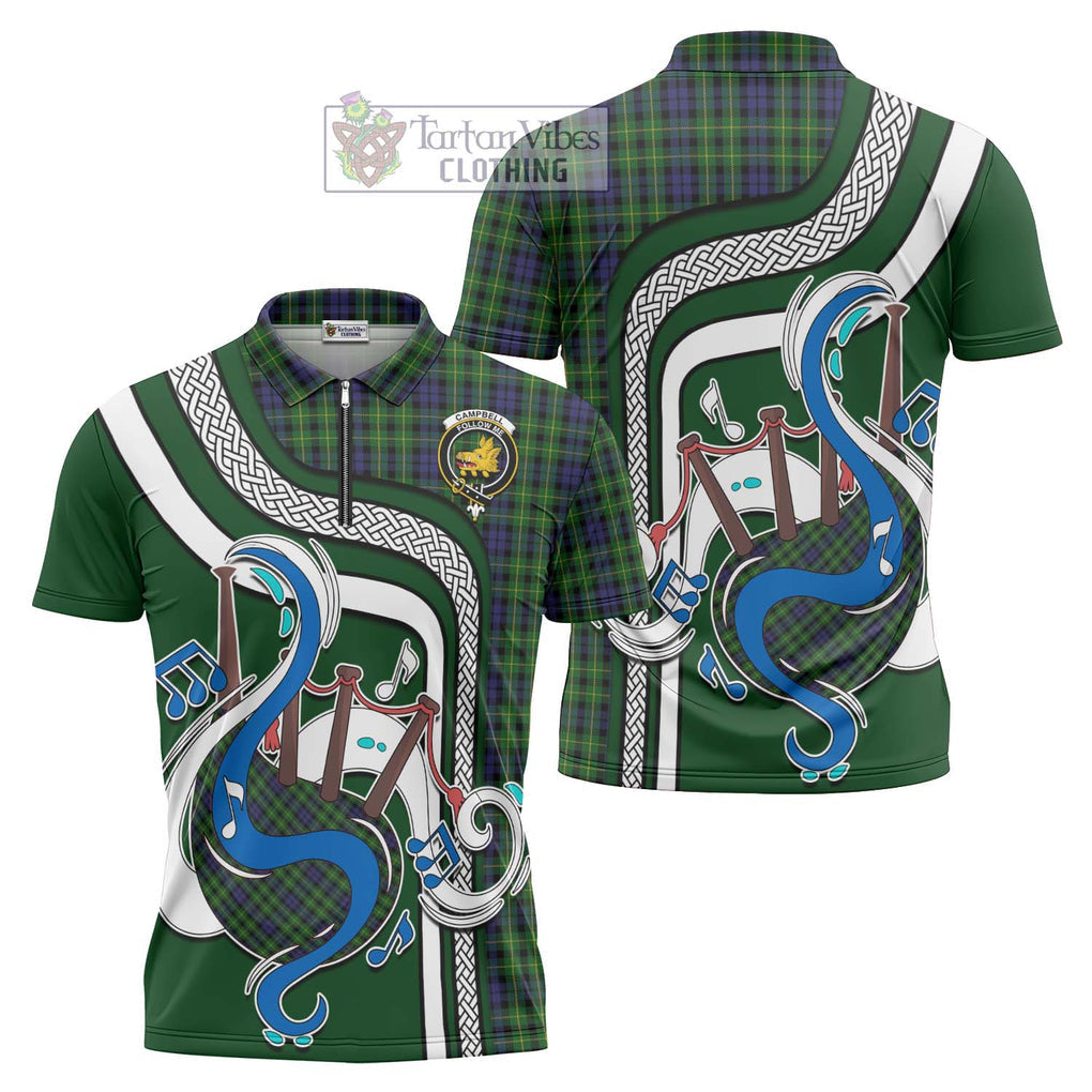 Campbell of Breadalbane Tartan Zipper Polo Shirt with Epic Bagpipe Style Unisex - Tartanvibesclothing Shop