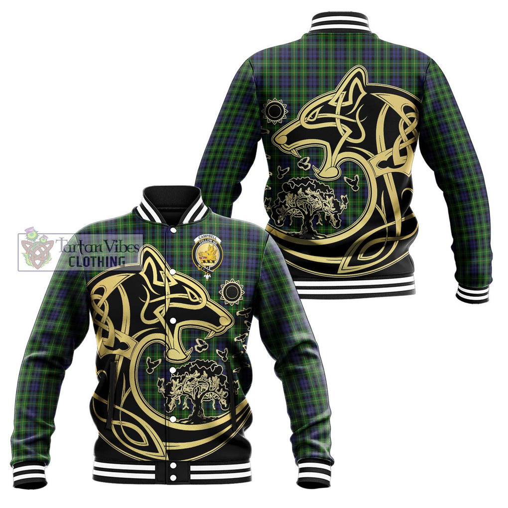 Campbell of Breadalbane Tartan Baseball Jacket with Family Crest Celtic Wolf Style Unisex - Tartan Vibes Clothing