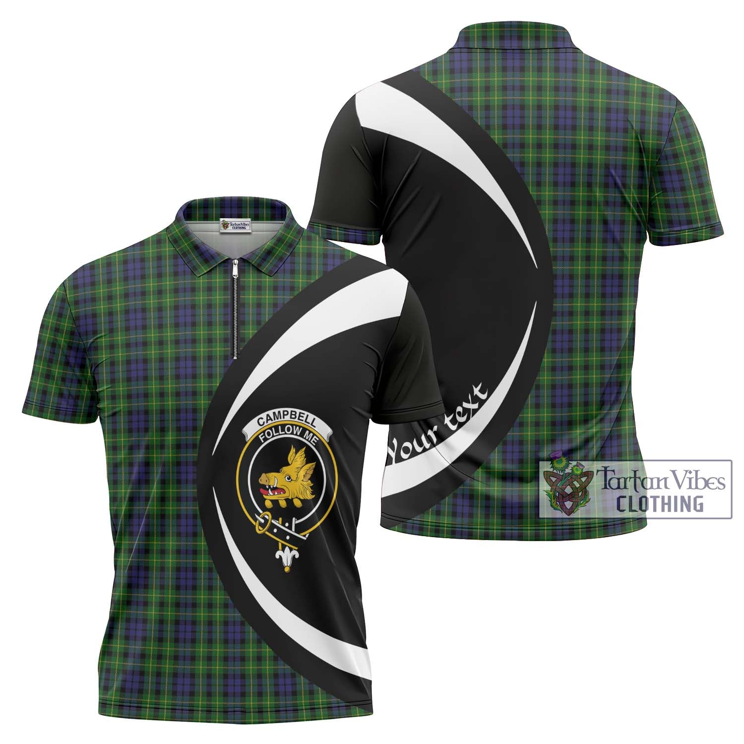 Tartan Vibes Clothing Campbell of Breadalbane Tartan Zipper Polo Shirt with Family Crest Circle Style