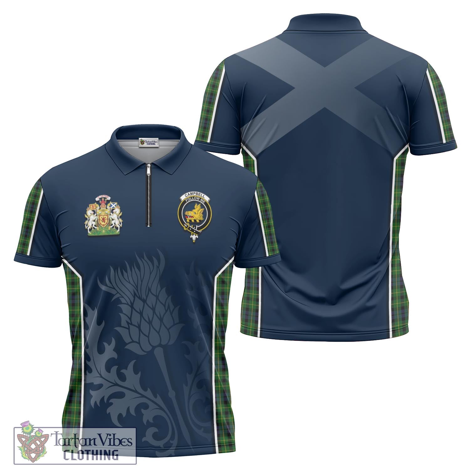Tartan Vibes Clothing Campbell of Breadalbane Tartan Zipper Polo Shirt with Family Crest and Scottish Thistle Vibes Sport Style