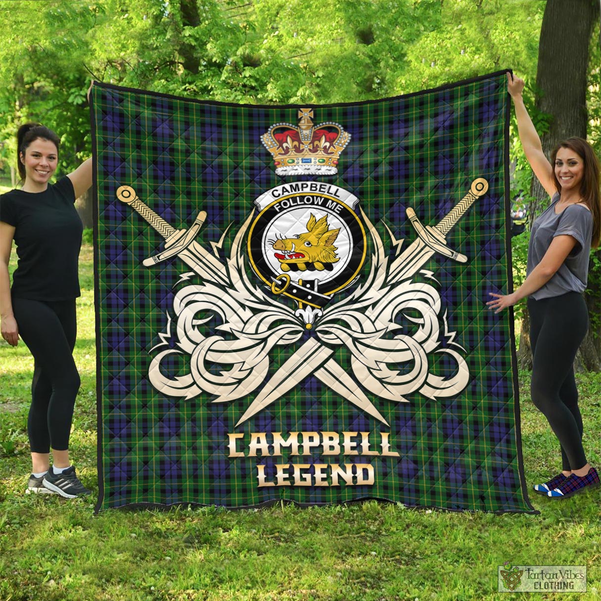 Tartan Vibes Clothing Campbell of Breadalbane Tartan Quilt with Clan Crest and the Golden Sword of Courageous Legacy