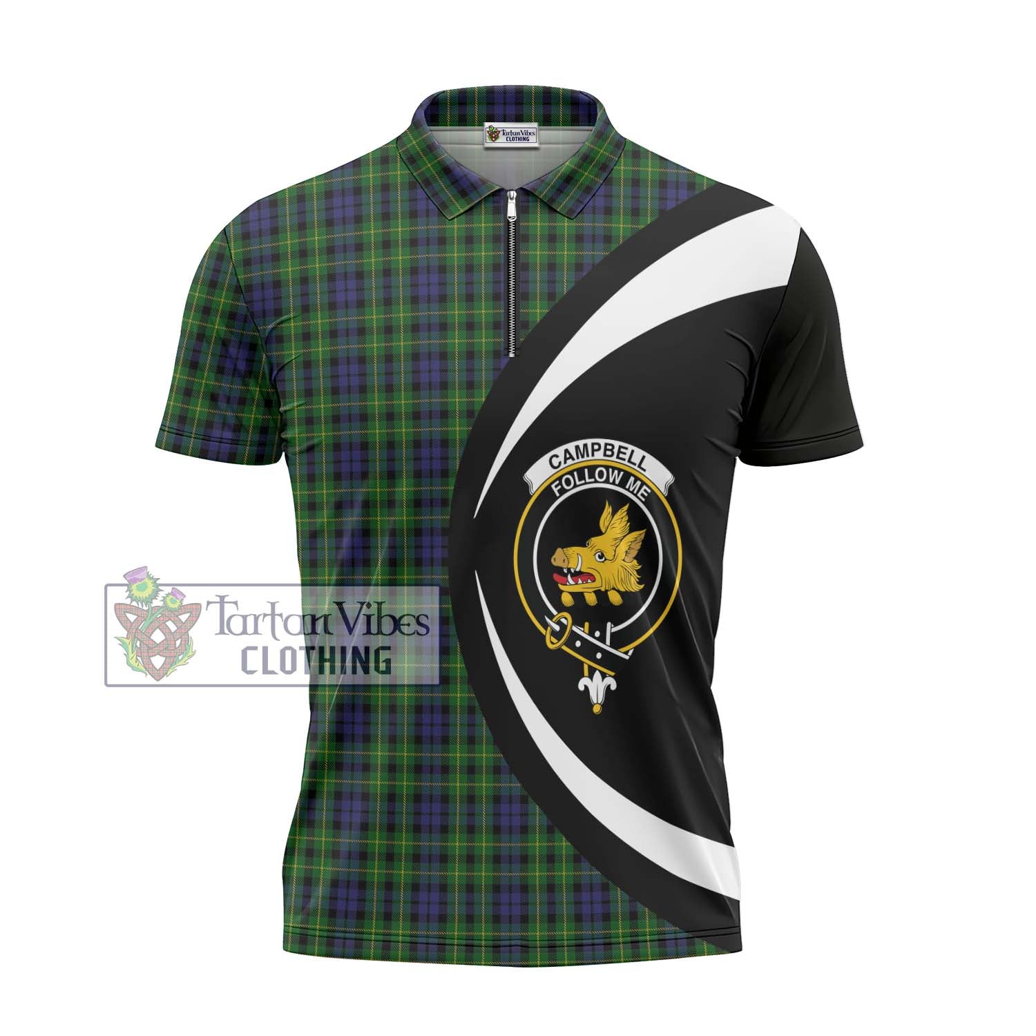Tartan Vibes Clothing Campbell of Breadalbane Tartan Zipper Polo Shirt with Family Crest Circle Style