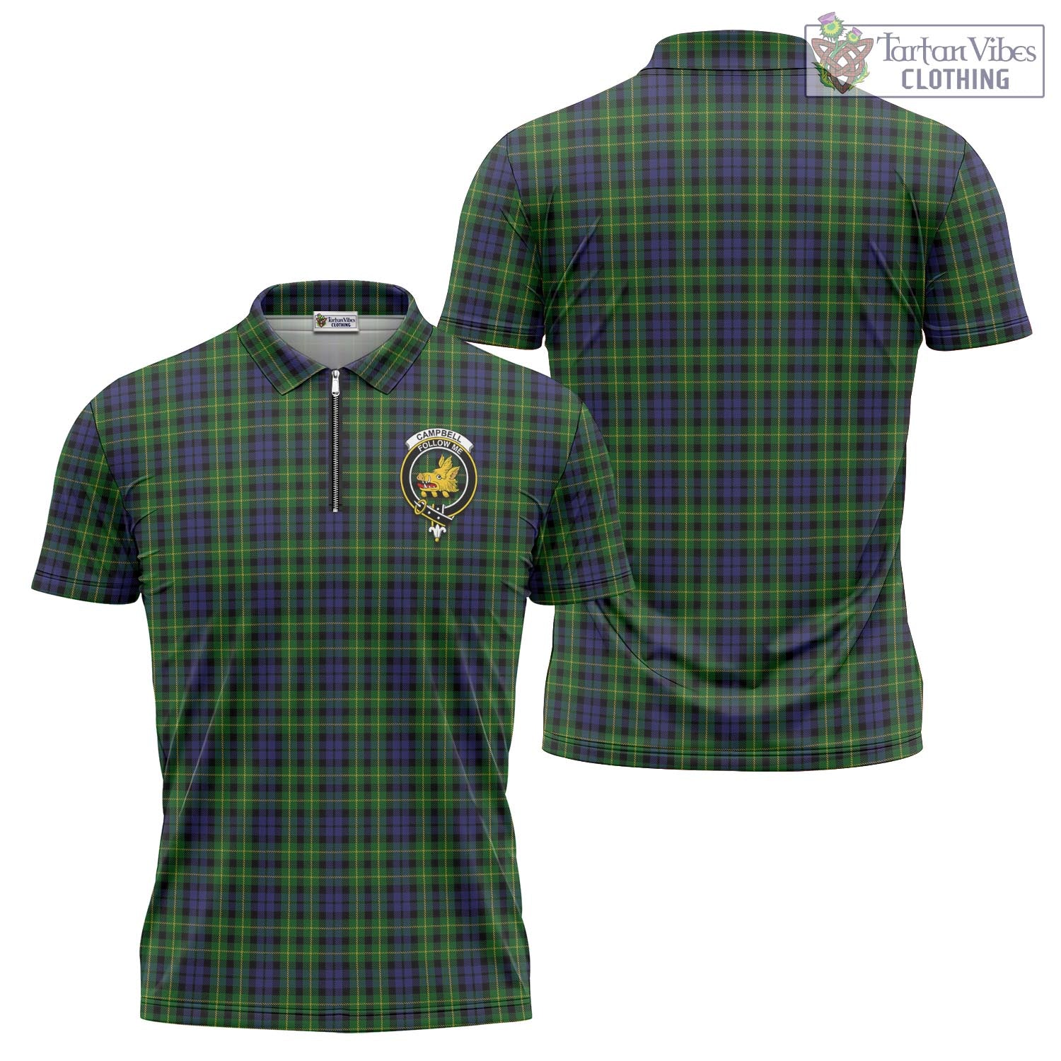 Tartan Vibes Clothing Campbell of Breadalbane Tartan Zipper Polo Shirt with Family Crest