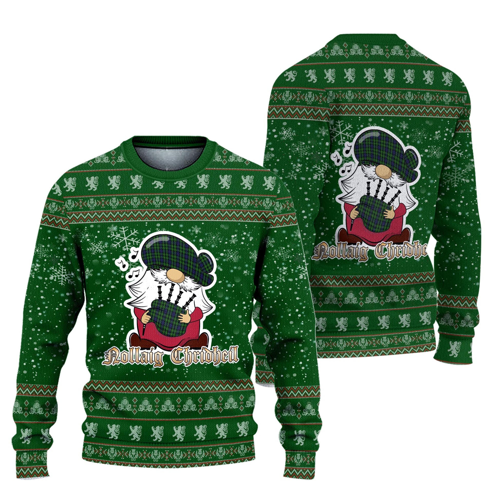 Campbell of Breadalbane Clan Christmas Family Knitted Sweater with Funny Gnome Playing Bagpipes Unisex Green - Tartanvibesclothing