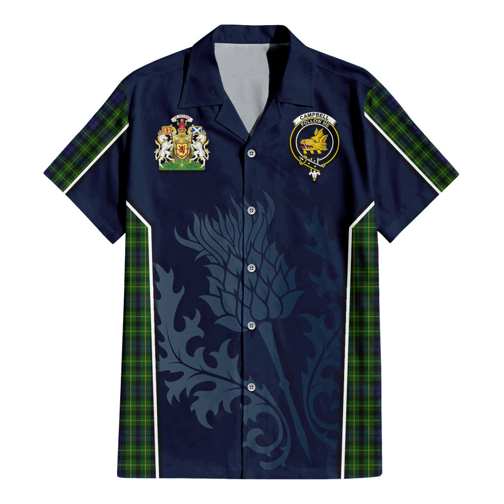 Tartan Vibes Clothing Campbell of Breadalbane Tartan Short Sleeve Button Up Shirt with Family Crest and Scottish Thistle Vibes Sport Style